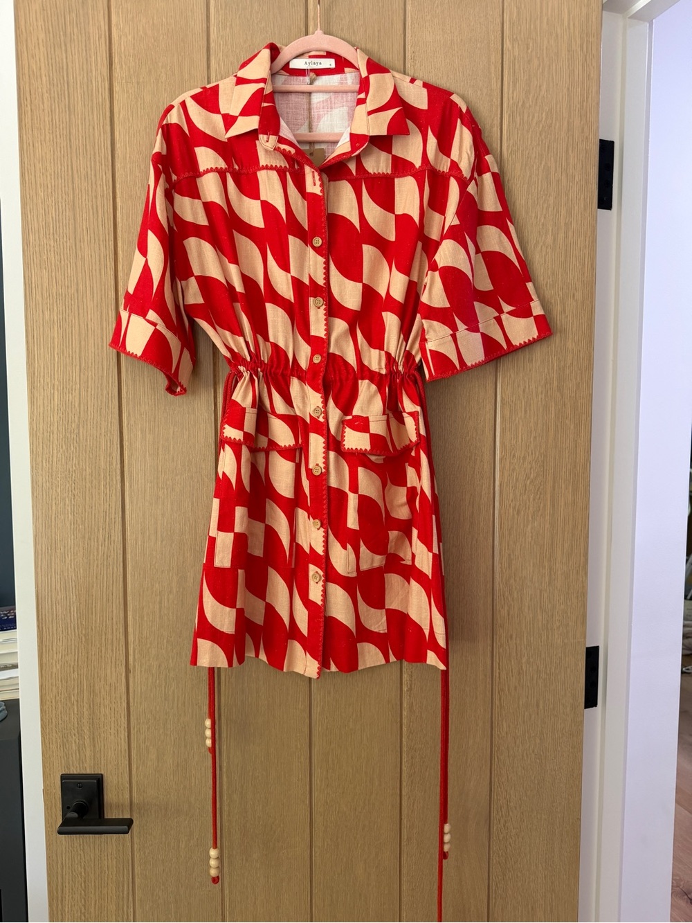 Printed Red & Cream Mini Shirt Dress with Drawstring Waist